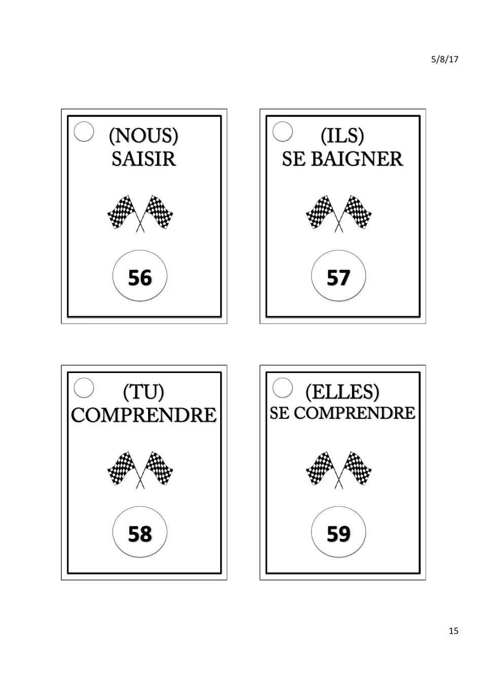Verb race cards 56–59: (nous) saisir (seize), (ils) se baigner (bathe), (tu) comprendre, (elles) se comprendre