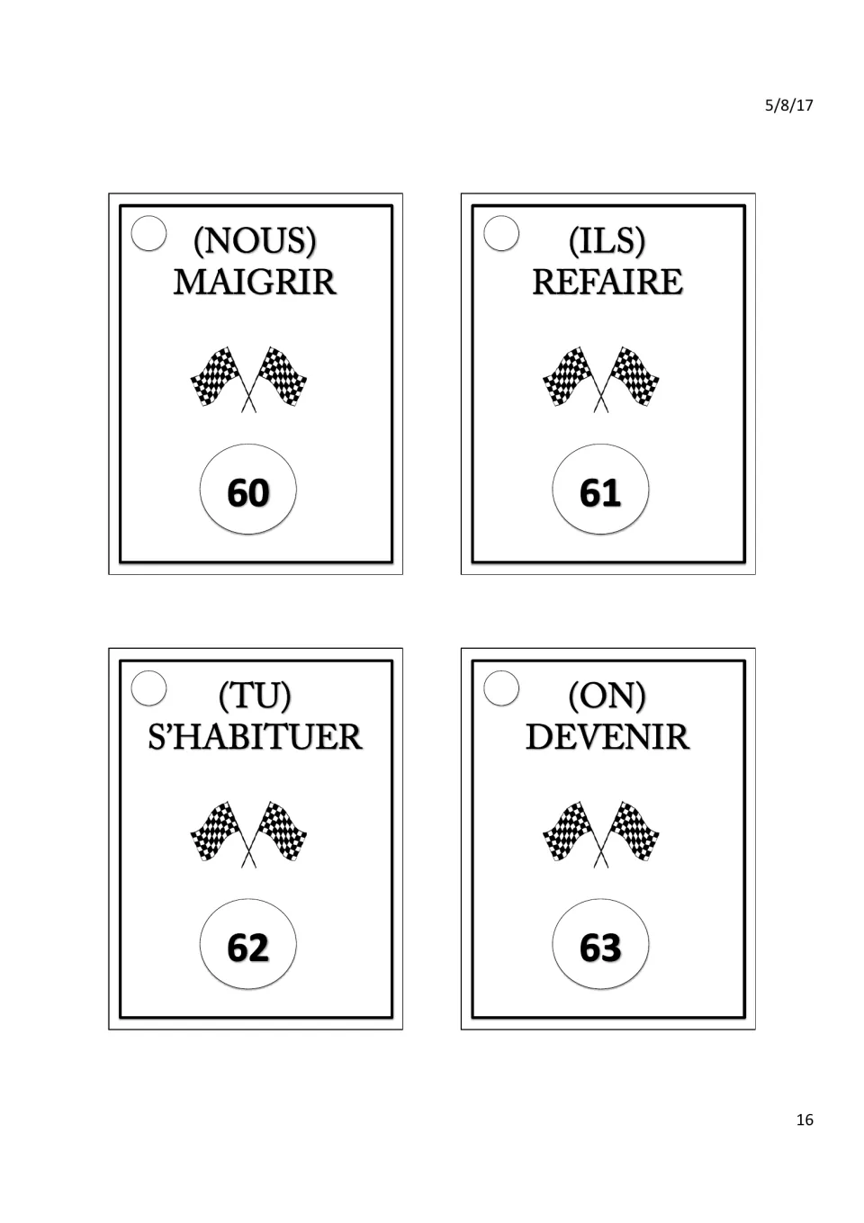 Prompt cards 60–63: (nous) maigrir (lose weight), (ils) refaire (redo), (tu) s'habituer, (on) devenir