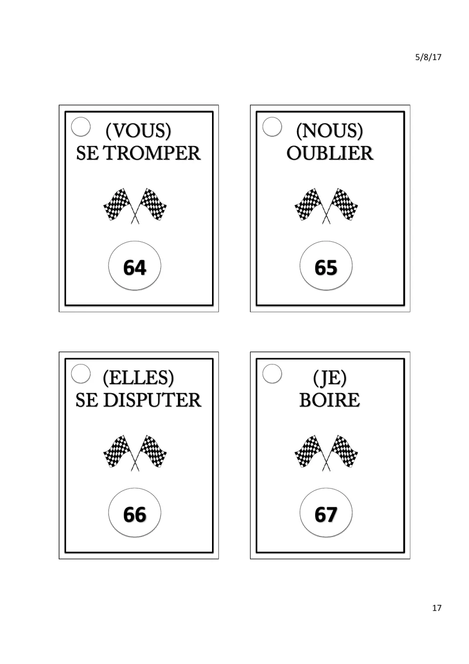 Cards 64–67: (vous) se tromper (be wrong), (nous) oublier (forget), (elles) se disputer (argue), (je) boire (drink)