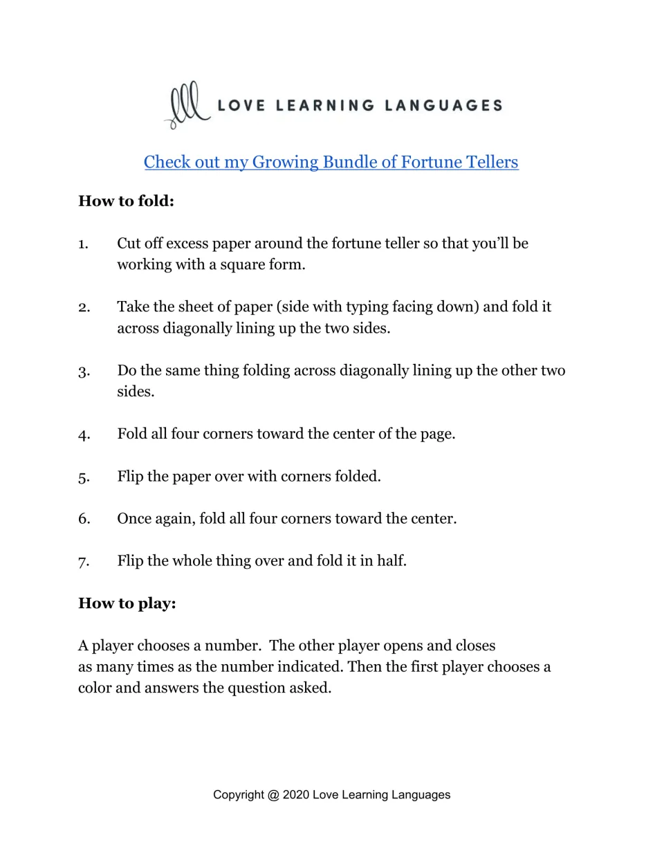 Fortune teller directions: seven steps for cutting and folding the paper, then how to play by picking a number and a color