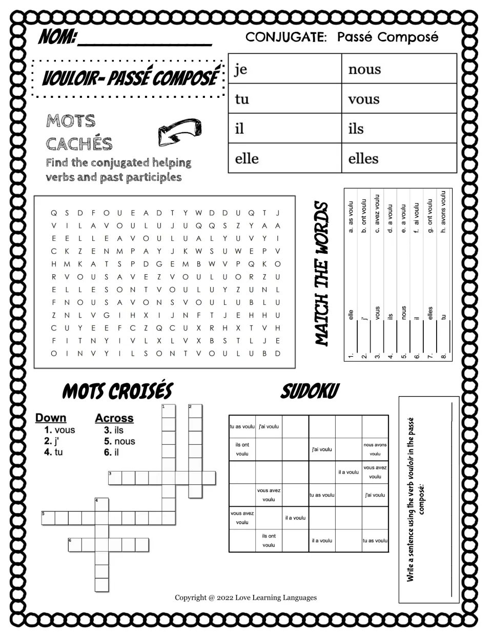 French vouloir (to want) passé composé practice: conjugation, word search, crossword, Sudoku and two more.