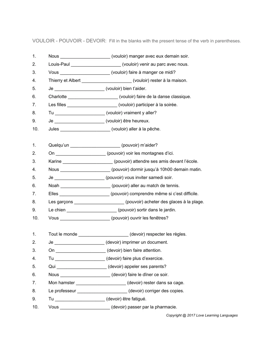 French verb practice: 30 sentences to complete with present-tense forms of vouloir, pouvoir, and devoir.