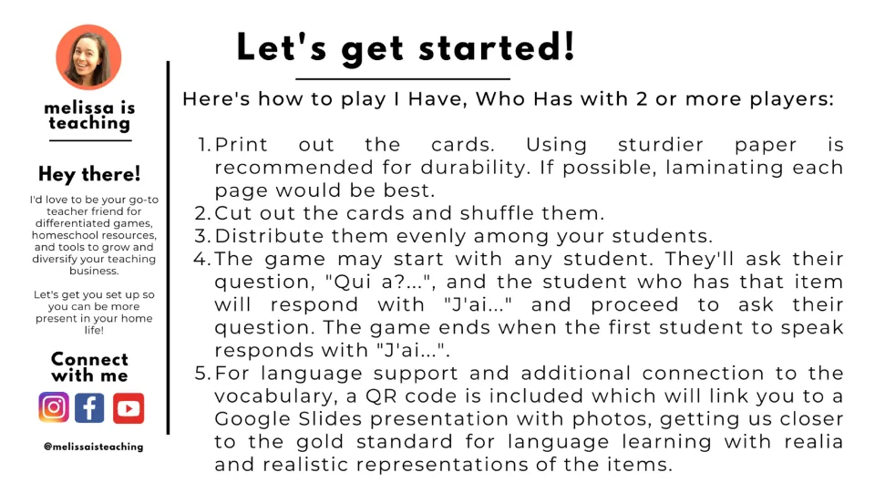 Game instructions: print, cut, shuffle, and distribute cards, then ask Qui a (who has) and answer J'ai (I have)