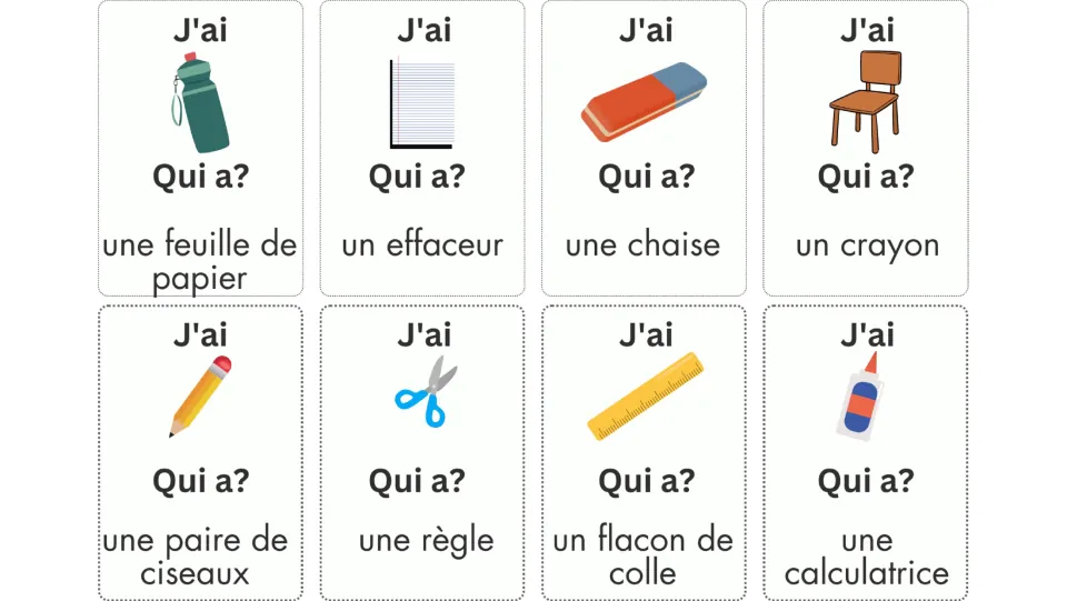 French game cards 1–8: prompts include une feuille de papier (a sheet of paper), un crayon (a pencil), and more