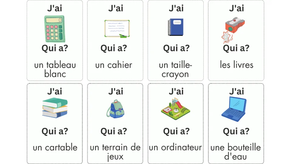 French game cards 9–16: prompts include un cahier (a notebook), les livres (books), un cartable (a schoolbag)
