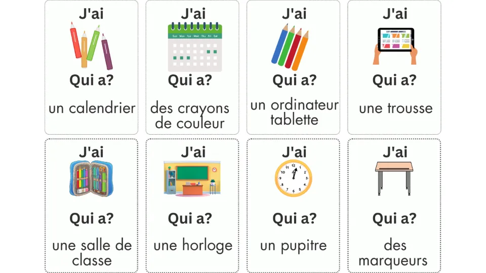 French game cards 17–24: prompts include un calendrier (a calendar), une trousse (a pencil case), and six more