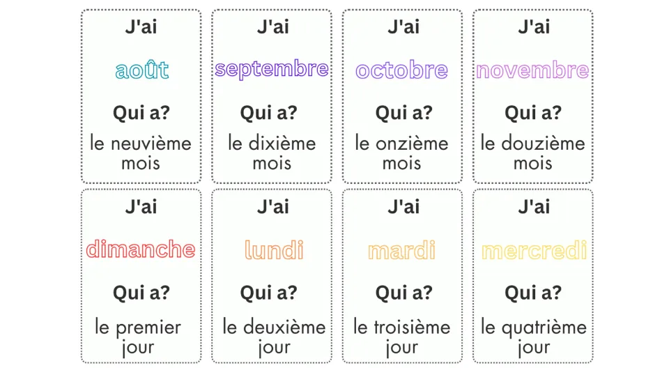 Color cards 9–16 show août (August) through novembre (November) and dimanche (Sunday) through mercredi (Wednesday)