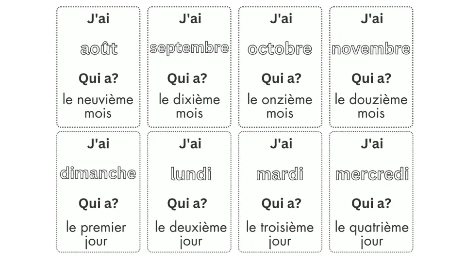Black-text cards 9–16 cover August through November and Sunday through Wednesday with French ordinal clues