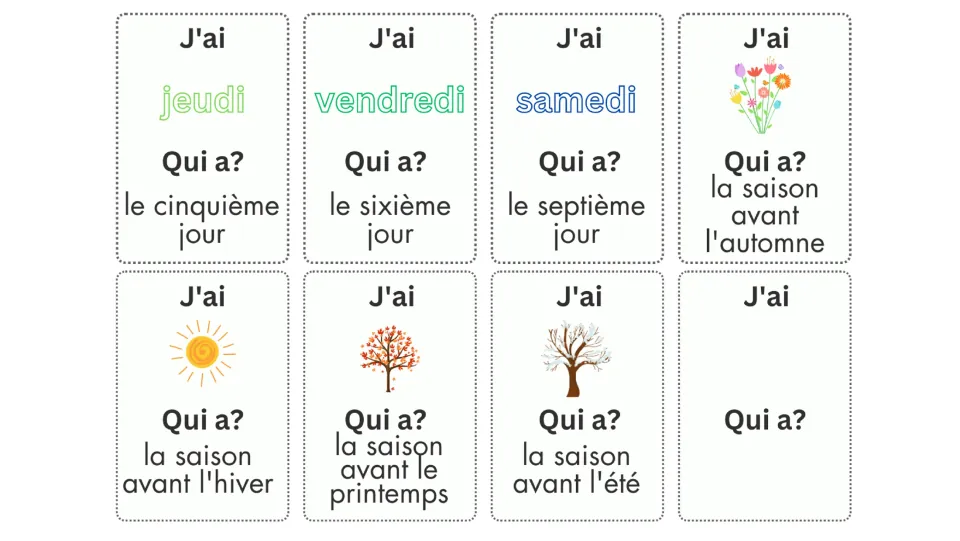 Color cards 17–23 show Thursday through Saturday in French and four season pictures, followed by a blank card