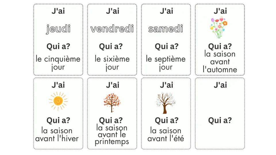 Black-text cards 17–23 include jeudi (Thursday), two more days, four season pictures, and a blank template