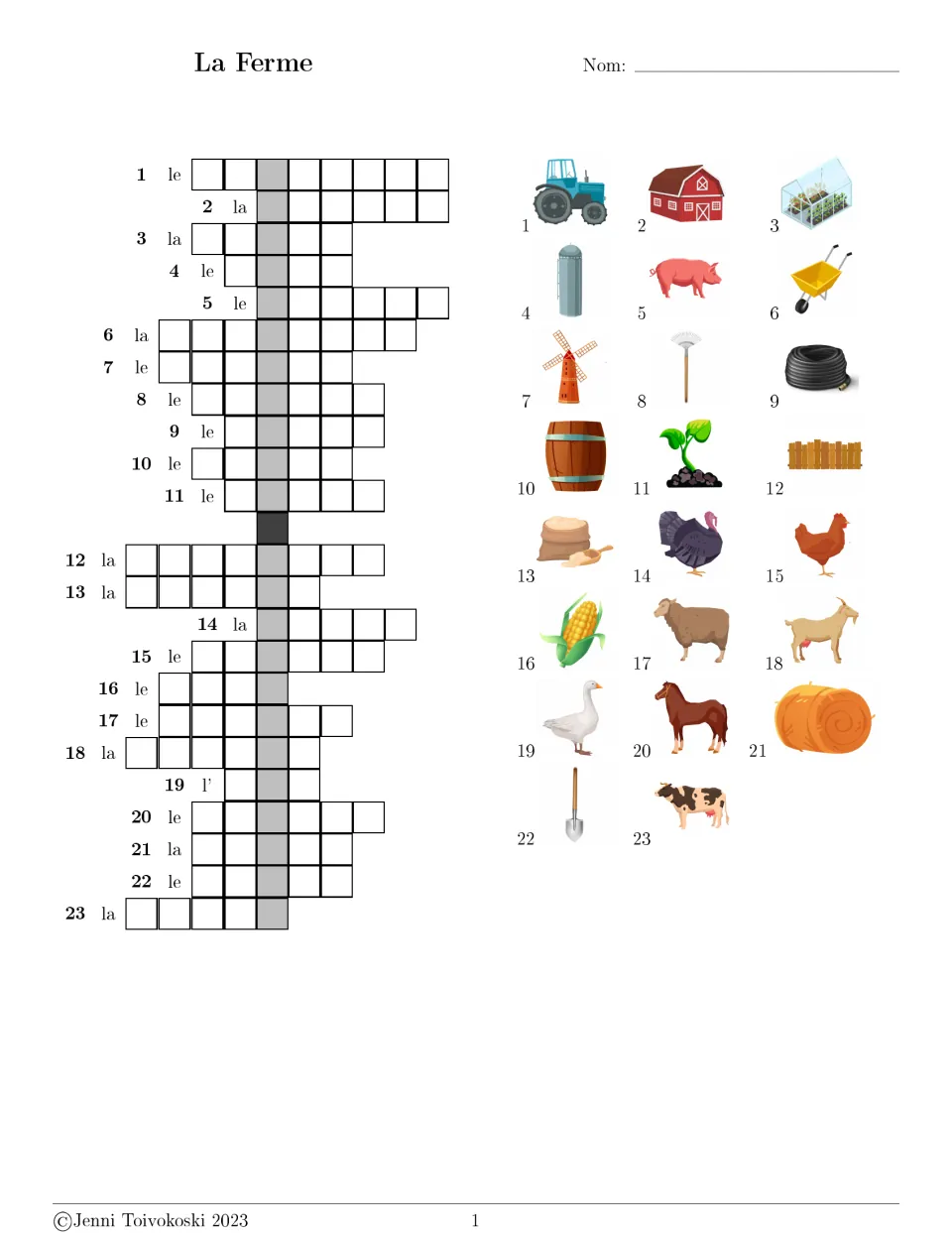 French farm vocabulary crossword: 23 picture clues, including le cochon (pig) and la grange (barn).