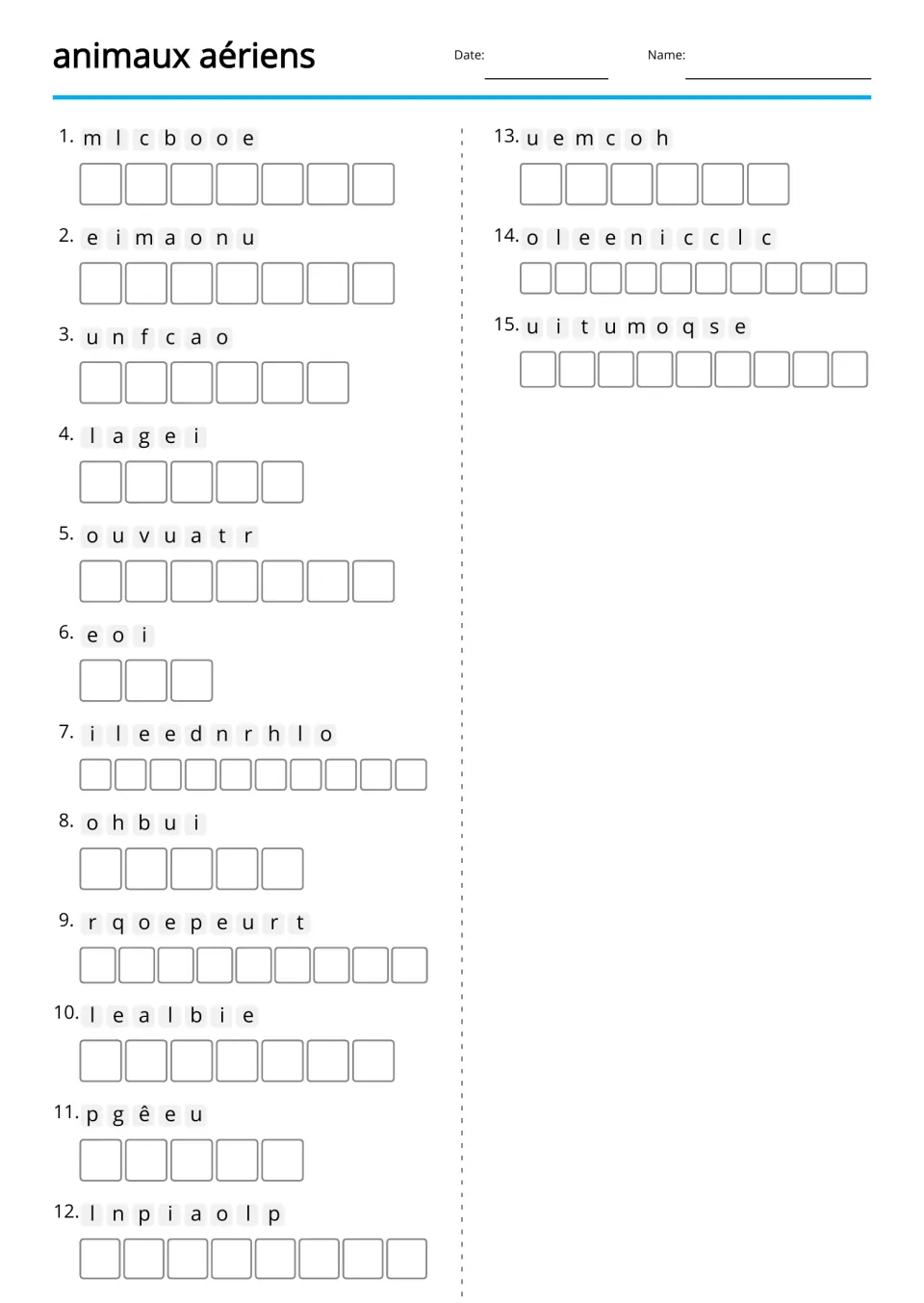 French animal anagrams without photo clues: 15 scrambled names, including colombe (dove) and guêpe (wasp)