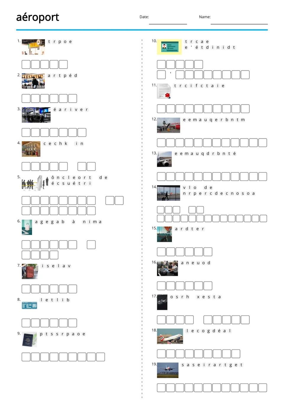 Illustrated French airport anagrams for 19 terms, including porte (gate), départ (departure), and billet (ticket)