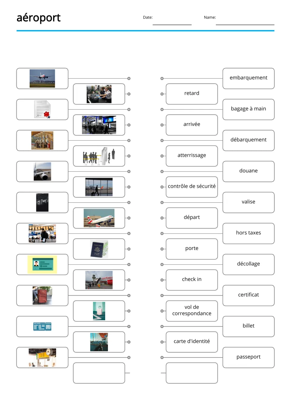 French airport picture-to-word matching for 19 terms, including valise (suitcase) and passeport (passport)