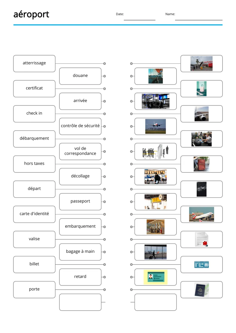 French airport word-to-picture matching for 19 terms, including douane (customs) and atterrissage (landing)