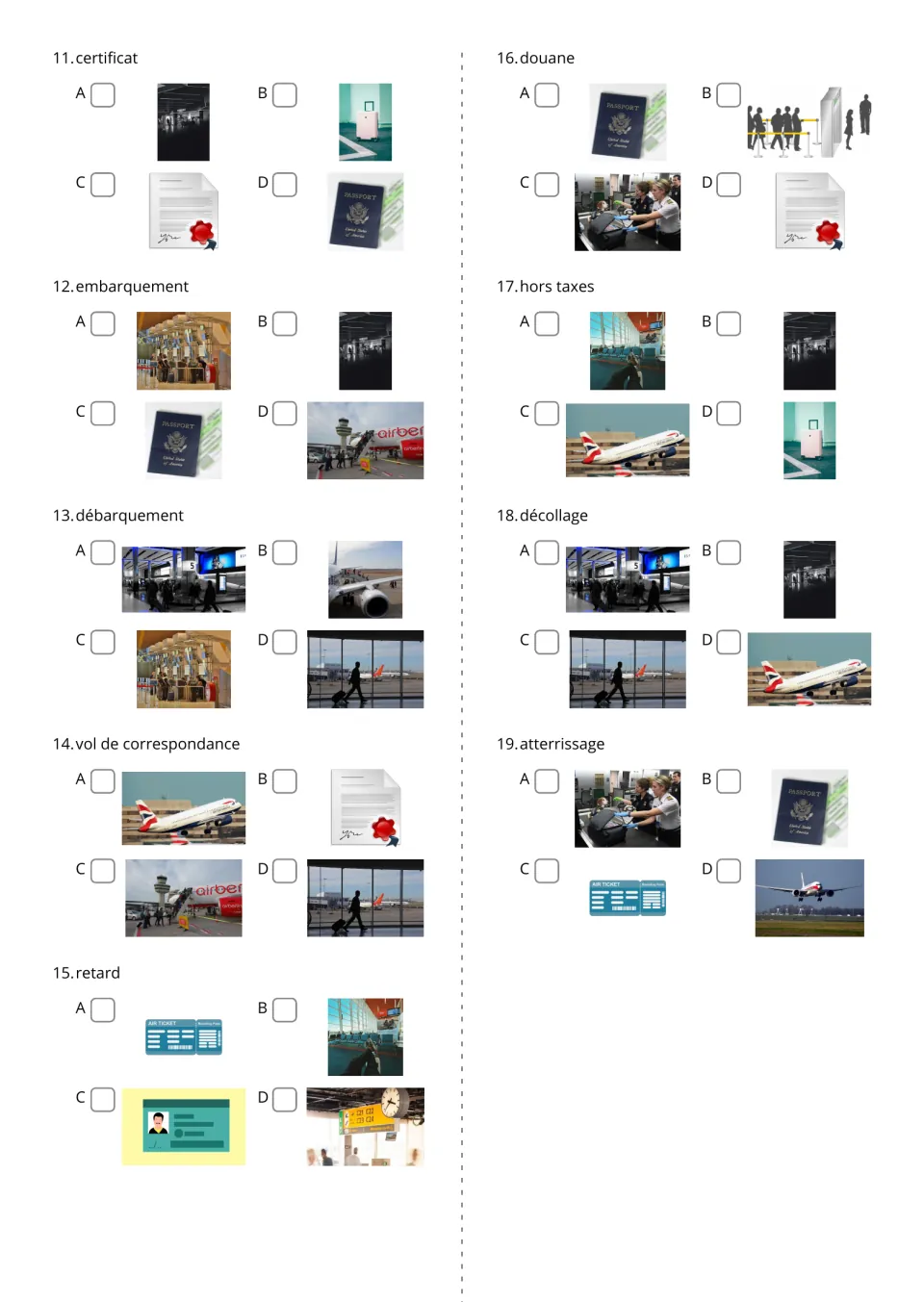 French airport picture-choice questions 11–19, from certificat (certificate) to atterrissage (landing)