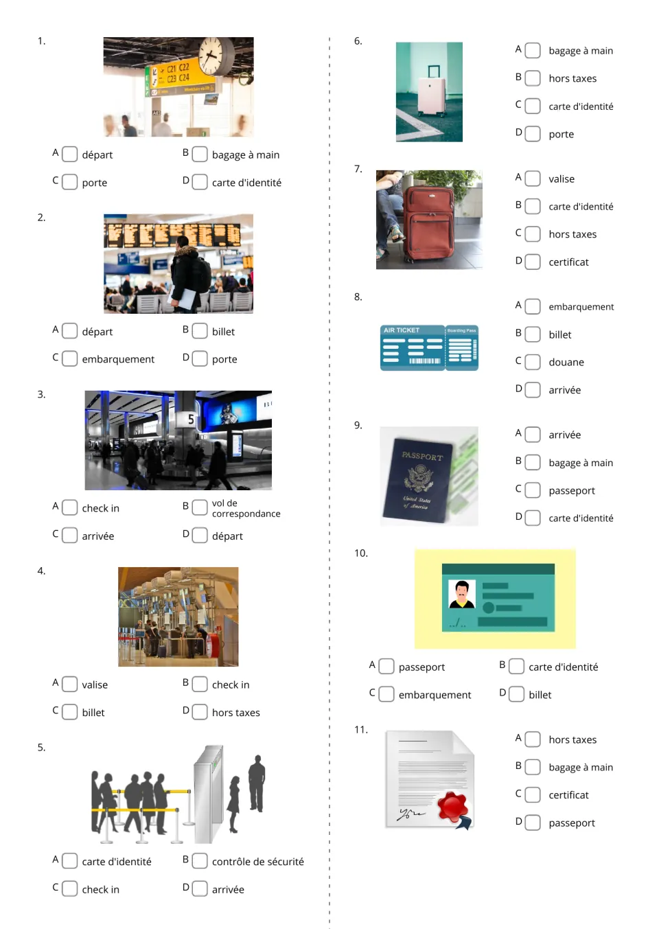 French airport word-choice questions 1–11 use pictures for porte (gate), billet (ticket), and nine more