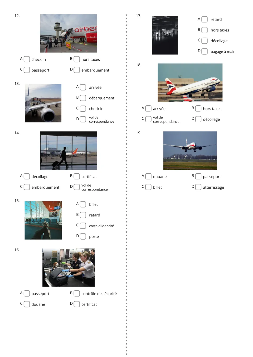 French airport word-choice questions 12–19 include embarquement (boarding) and décollage (takeoff)