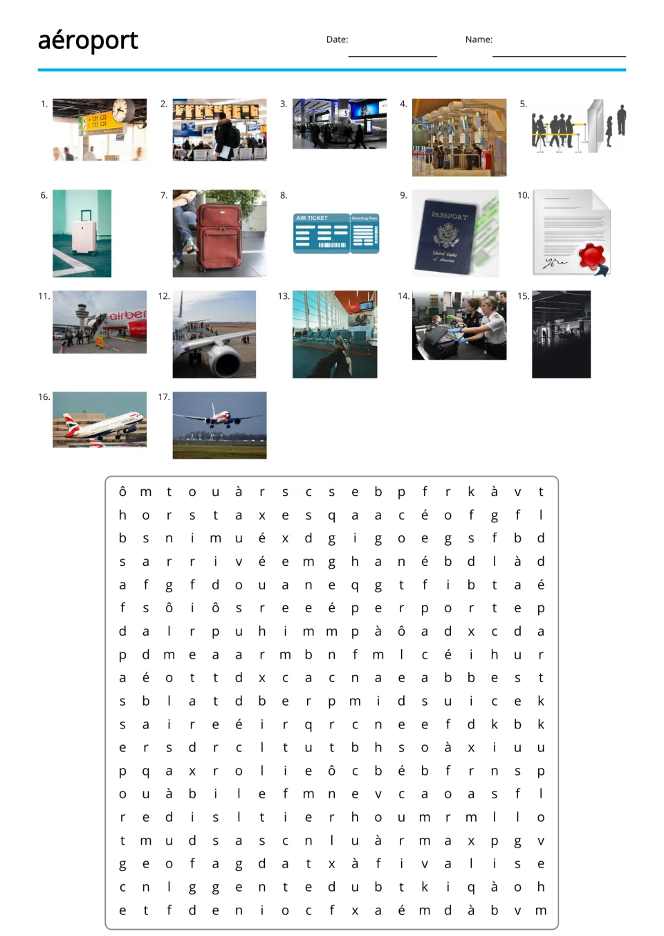 French airport word search uses 17 picture clues, including valise (suitcase) and passeport (passport)