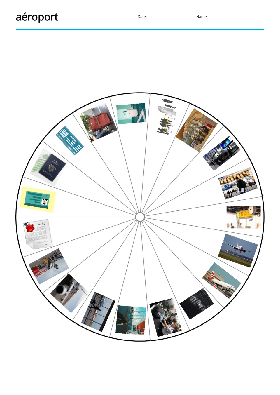 French airport vocabulary wheel presents 19 picture prompts, including luggage, a passport, and takeoff