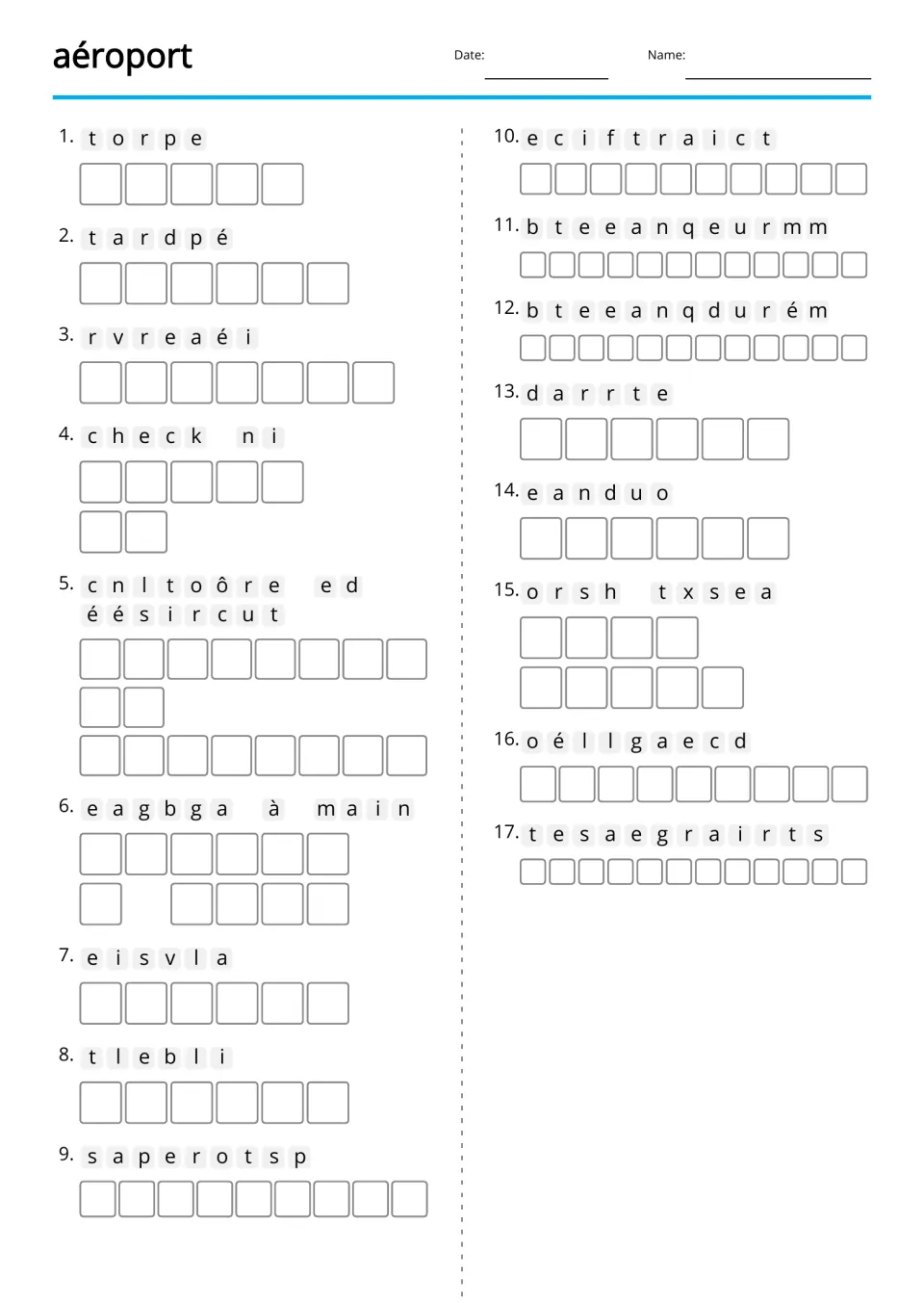 Text-only French airport anagrams cover 17 terms, including départ (departure) and bagage à main (carry-on)