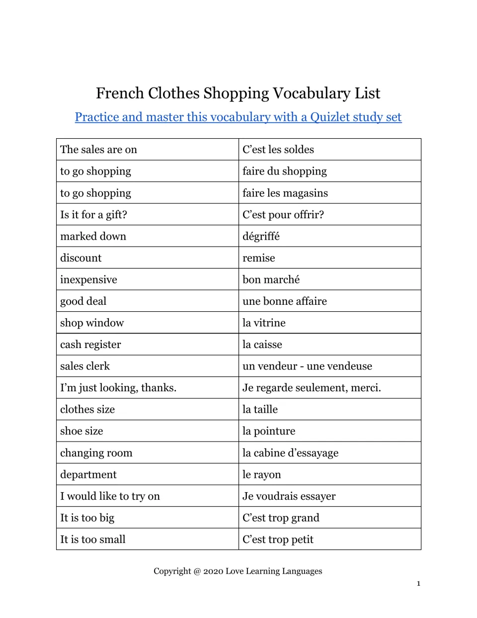 Clothes shopping vocabulary in French: students study English-French pairs such as la caisse, la taille and la pointure
