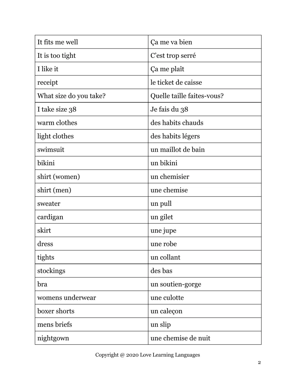 French fitting phrases and garments: students learn pairs like Ça me va bien, C'est trop serré, une jupe and une robe