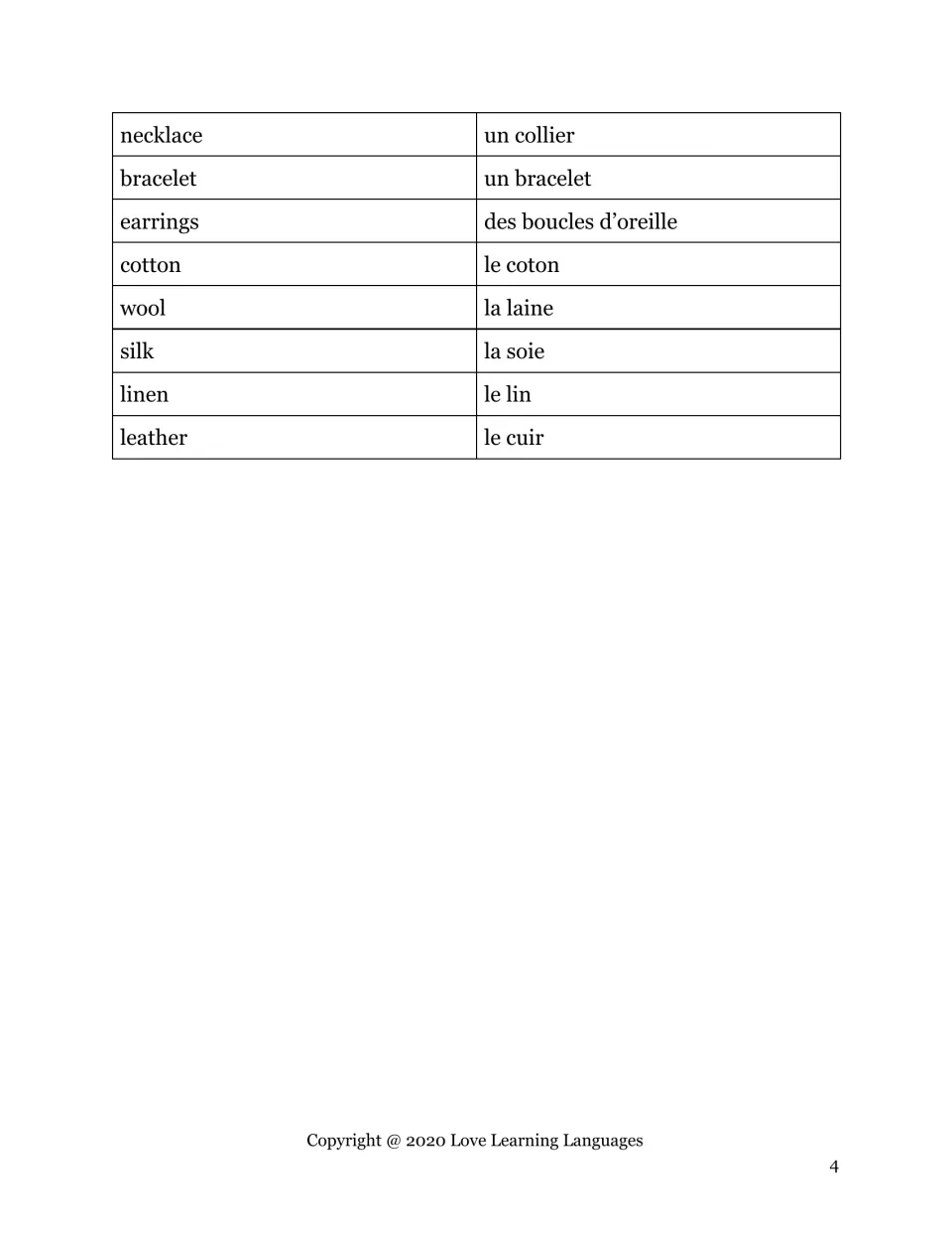 French jewelry and fabric words: students learn un collier, des boucles d'oreille, le coton, la laine and le cuir