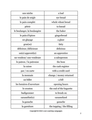French: Vocabulary List - The Bakery / La Boulangerie Pâtisserie – sample page 2