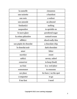 French: Vocabulary List - The Bakery / La Boulangerie Pâtisserie – sample page 3