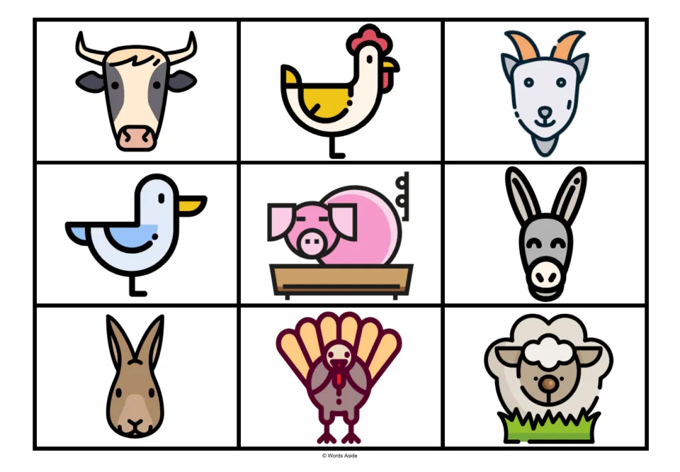 Farm animal matching board 5: nine color symbols, including a horned cow, yellow chicken, and pig at a trough