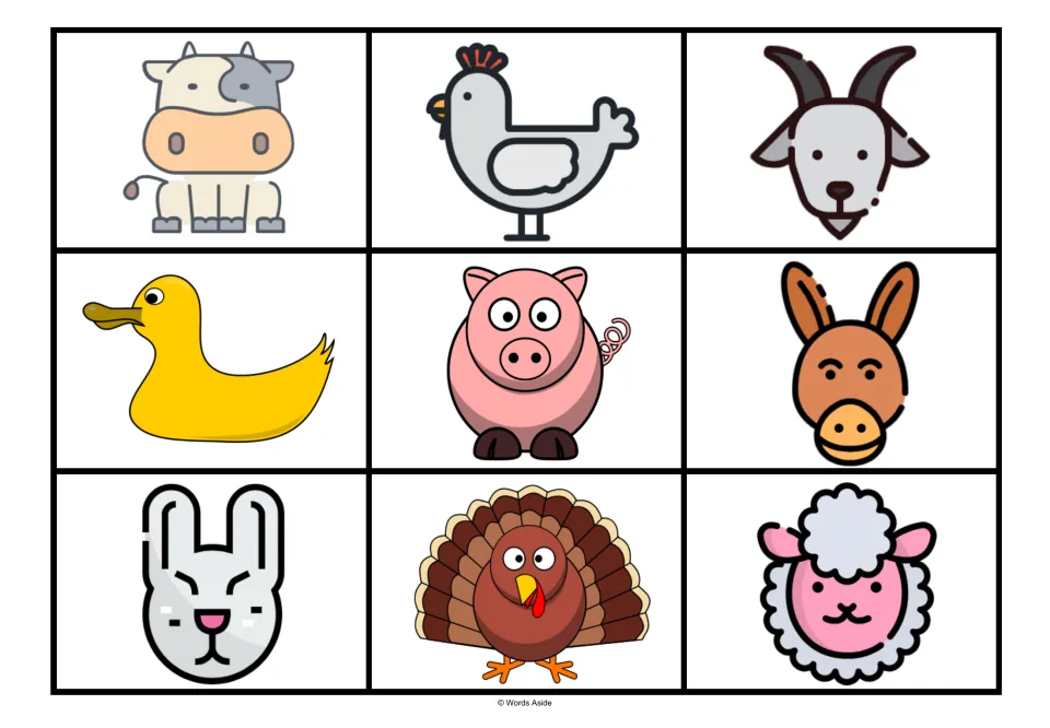 Farm animal matching board 7: nine alternate color symbols, including a gray chicken, yellow duck, and pink pig