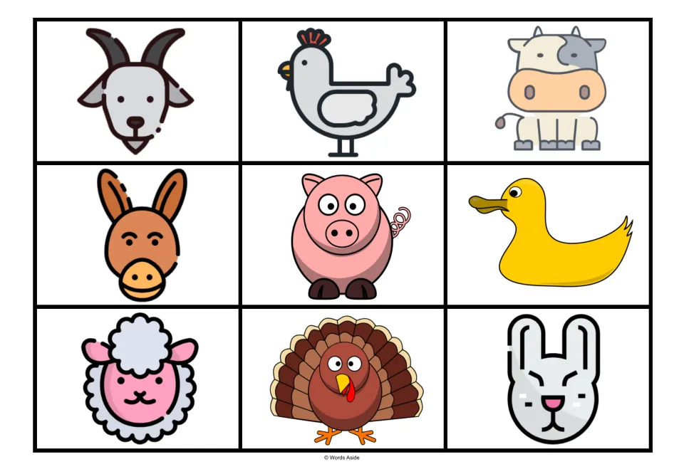 Farm animal matching board 8: the alternate nine color symbols reordered, with goat first and rabbit last