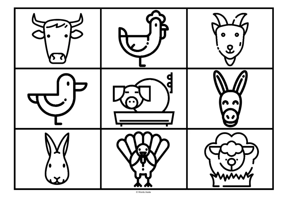 Farm animal matching board 9: nine black-outline symbols to color, including cow, chicken, goat, and duck