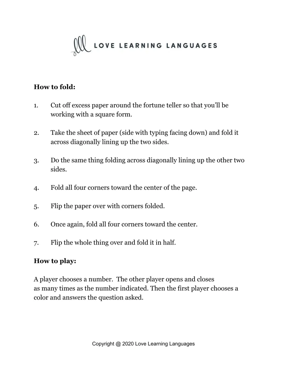 Fortune teller instructions: seven steps on how to fold the paper, then how to play by picking a number and a color