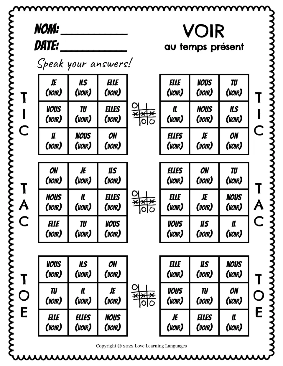 Speaking practice for six tic-tac-toe games: conjugate voir (to see) in the present tense for je, tu, and more.