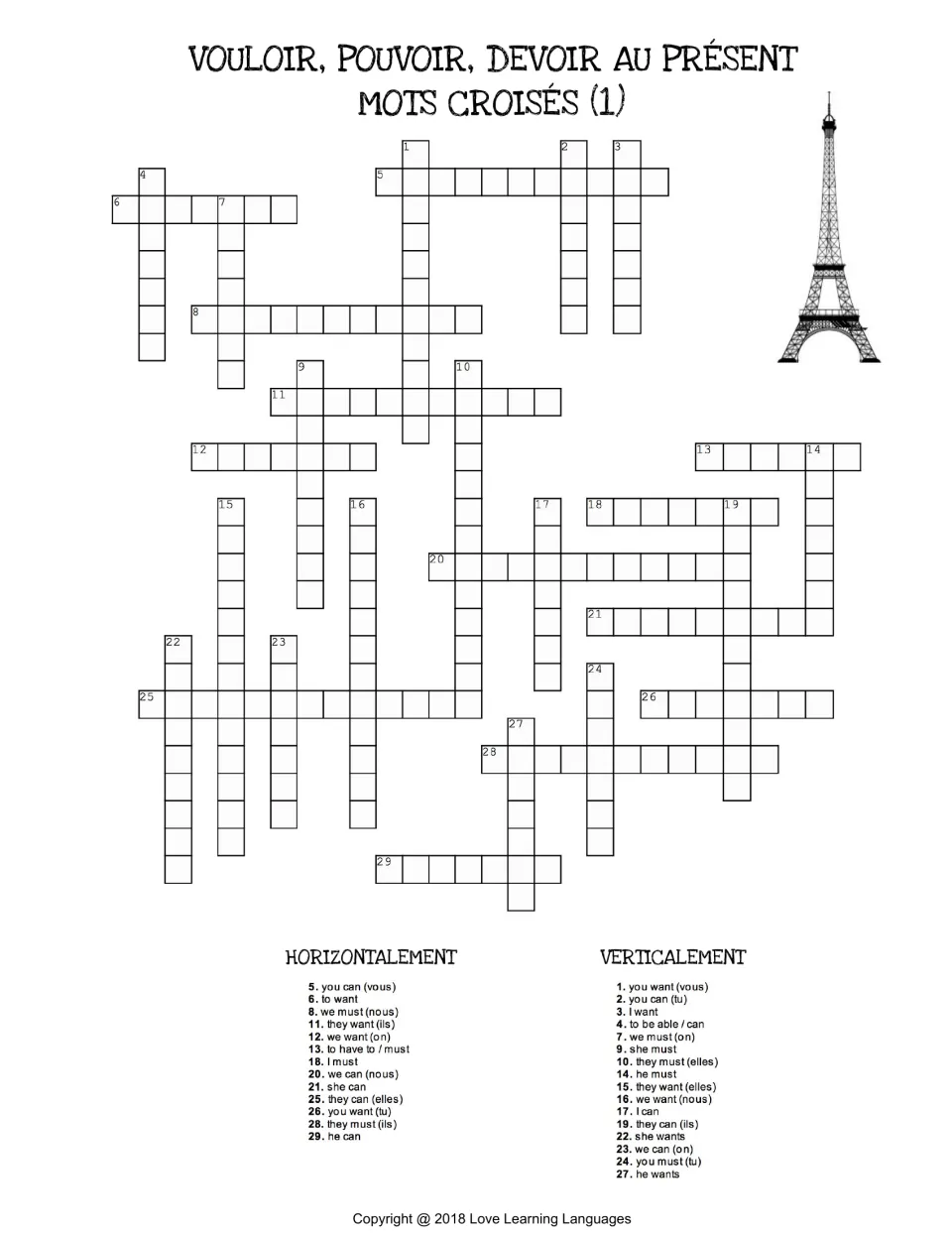 French crossword 1, vouloir, pouvoir, devoir in the present: students write forms from English clues like you can (vous)