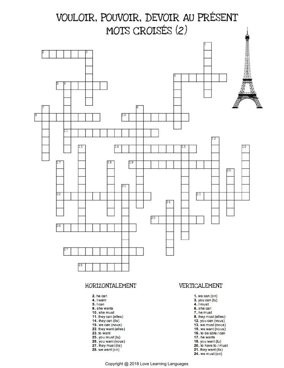 French crossword 2 on present-tense vouloir, pouvoir, devoir: students conjugate from clues such as he can and I want