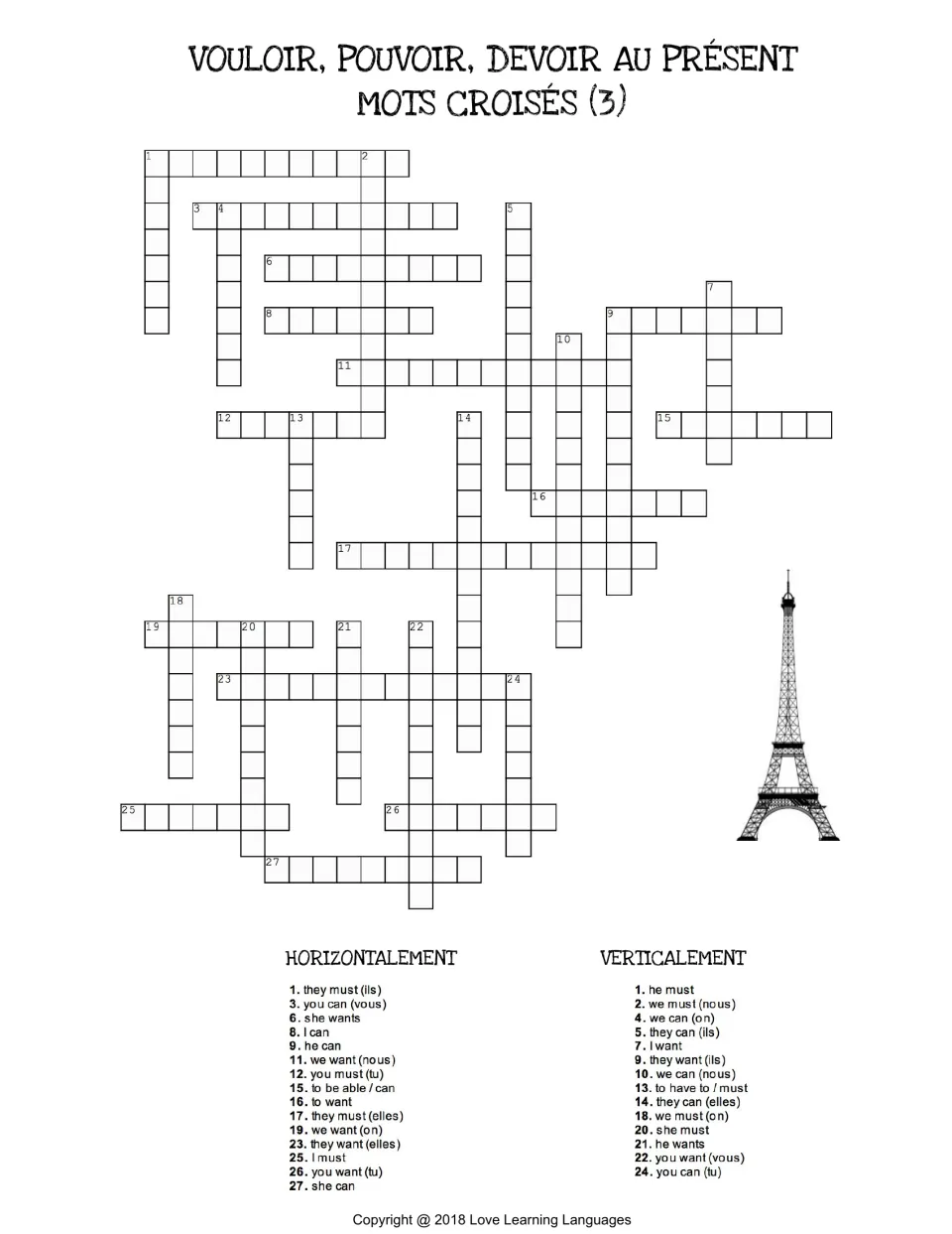 French crossword 3 on vouloir, pouvoir, devoir: students write present forms for clues like they must (ils) and she wants