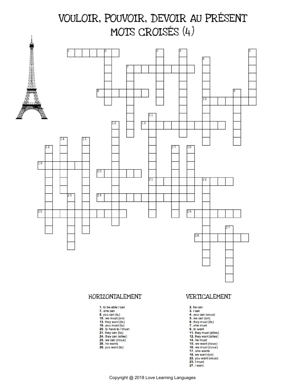 French crossword 4 conjugating vouloir, pouvoir, devoir in the present from English clues like she can and you can (tu)