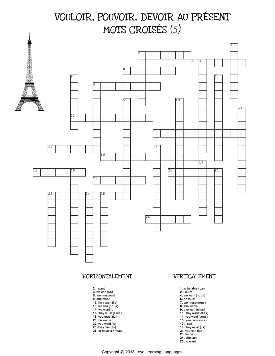 French crossword 5 on present-tense vouloir, pouvoir, devoir: students fill in forms for clues such as we can (on)