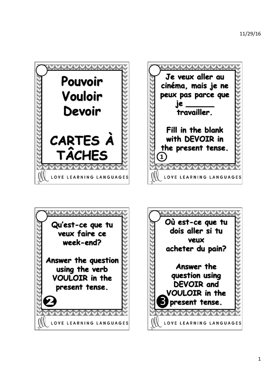 French verb task card title and cards 1–3: devoir (must) and vouloir (want) in present-tense prompts