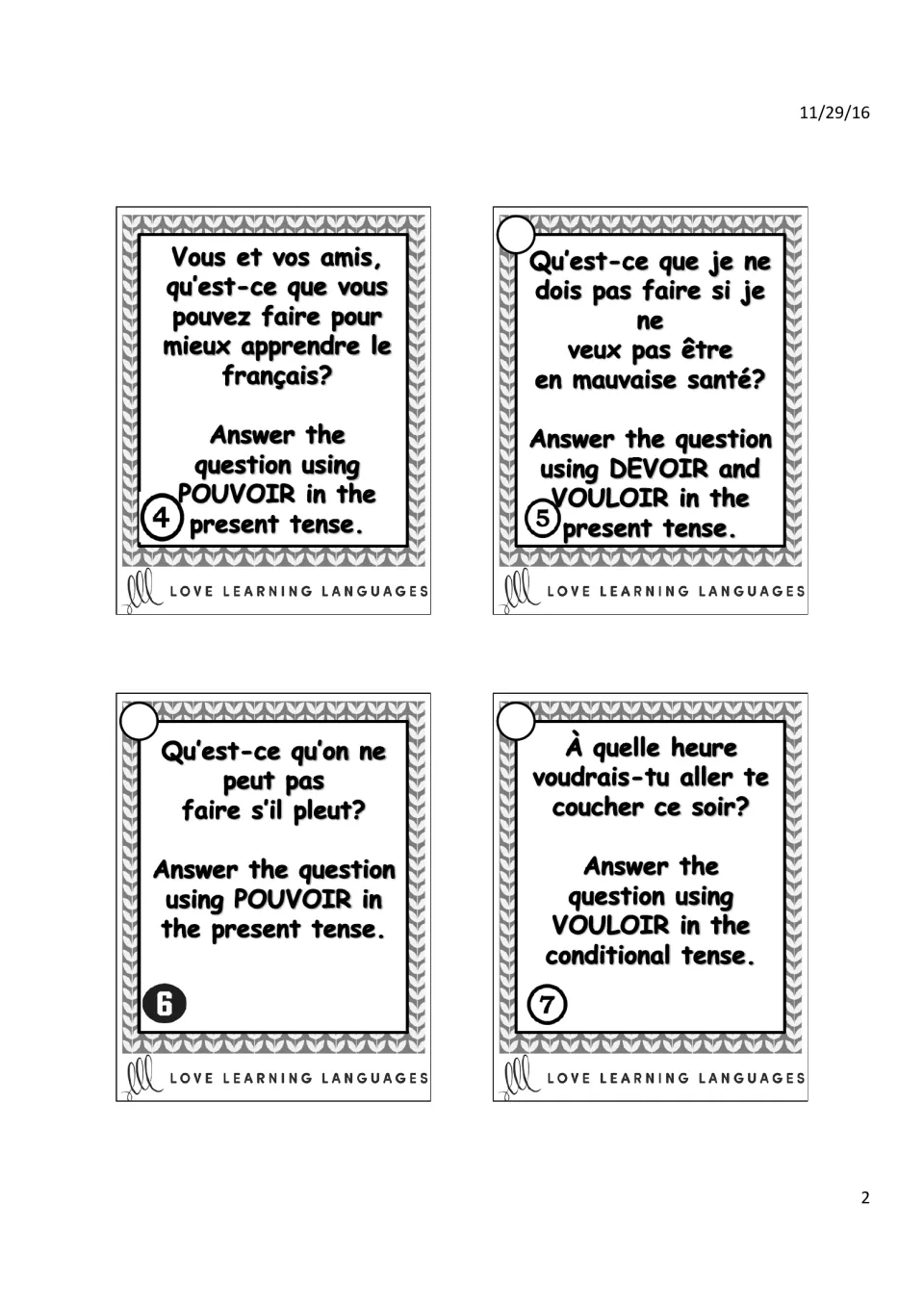 French verb task cards 4–7: learning French, health, rain, and bedtime using present and conditional tenses