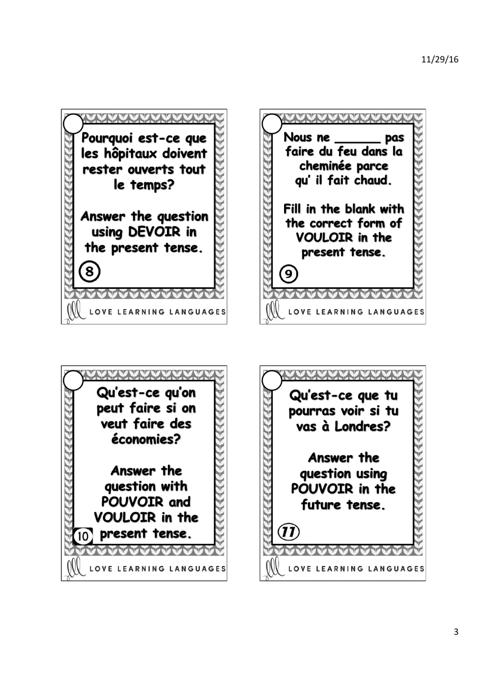 French verb task cards 8–11: hospitals, a fireplace, saving money, and London in present and future tenses