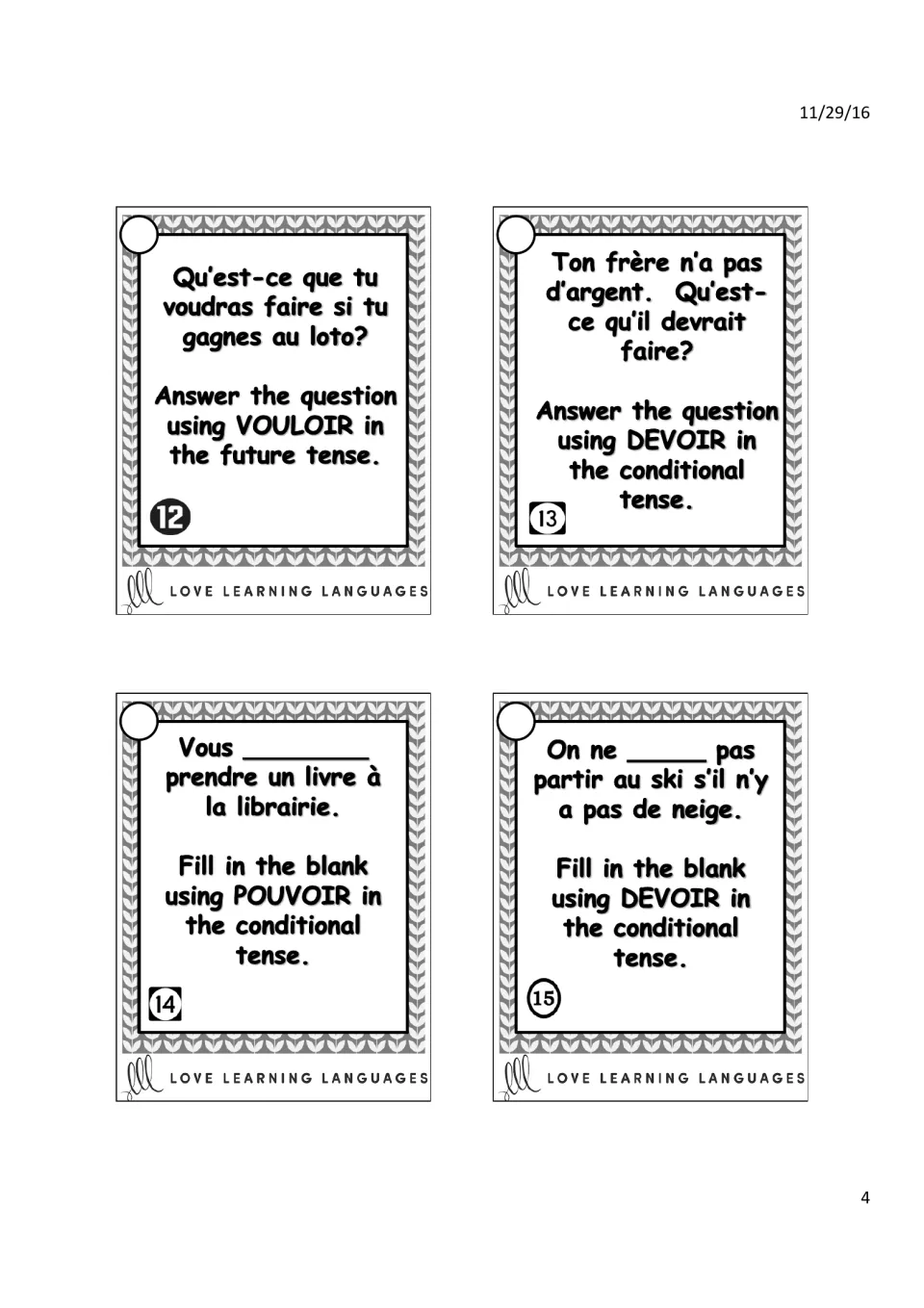 French verb task cards 12–15: lottery winnings, money advice, a bookstore, and skiing without snow