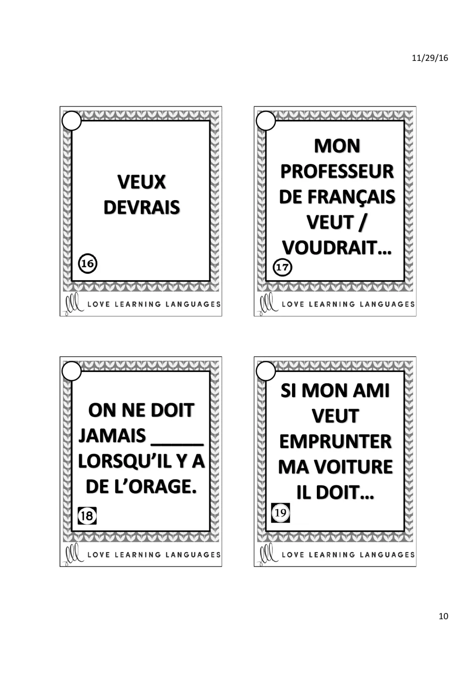 French verb task cards 16–19: veux and devrais, a French teacher's wishes, storms, and borrowing a car