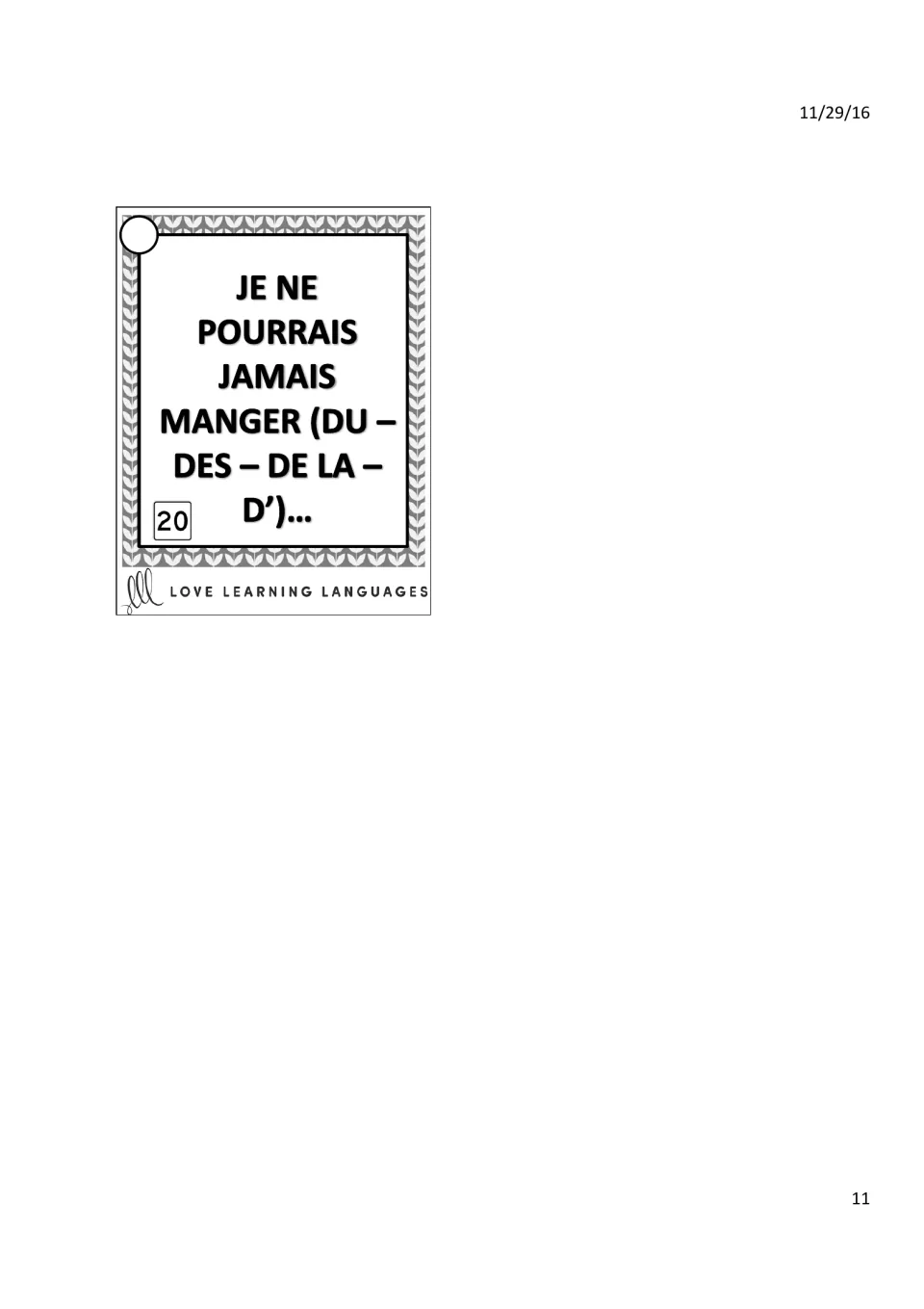 French verb task card 20: finish “Je ne pourrais jamais manger” (I could never eat), with article choices