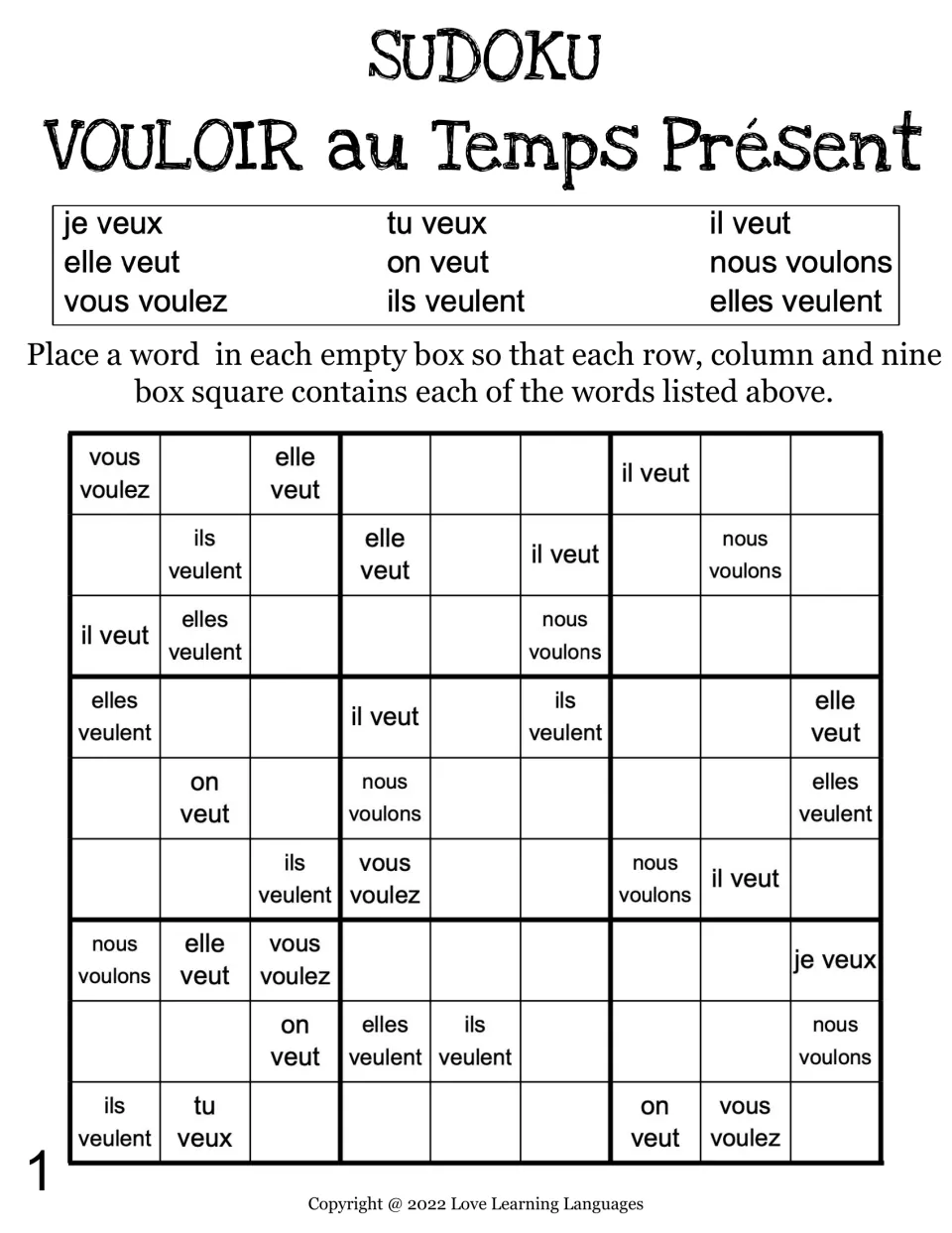 French vouloir (to want) Sudoku puzzle 1: complete the missing forms, including je veux and nous voulons.