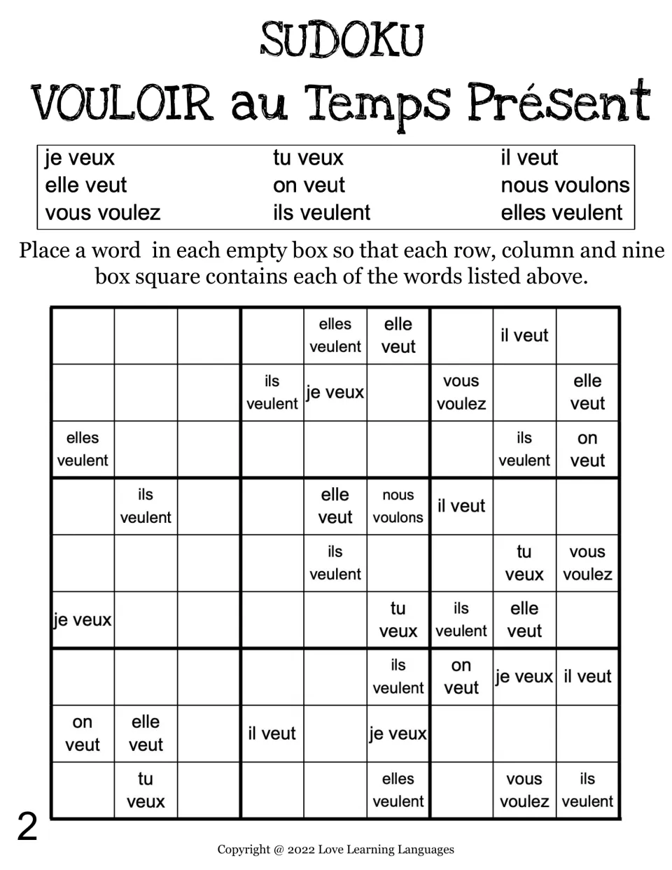 French vouloir (to want) Sudoku puzzle 2: complete the missing forms using clues such as elles veulent.