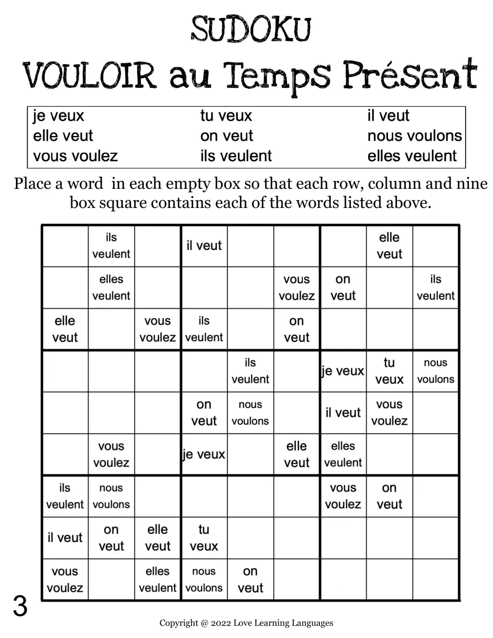 French vouloir (to want) Sudoku puzzle 3: complete the missing forms using clues such as vous voulez.